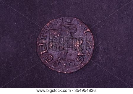 Ancient Grand Duchy Of Lithuania Coin Shilling Isolated On The Black Background