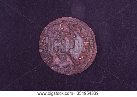 Ancient Grand Duchy Of Lithuania Coin Shilling Isolated On The Black Background