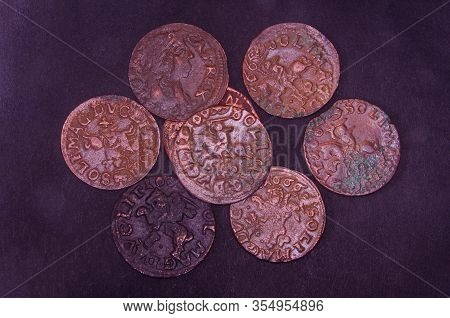 Old Grand Duchy Of Lithuania Coins Isolated On The Dark Background