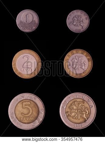 Lithuania Coin 1,2 And 5 Litas Averse And Reverse Isolated On The Black Background