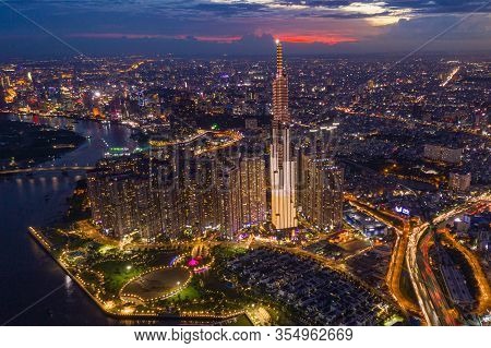 Saigon Beautiful Cityscape And Lights With Glowing Twilight Sky