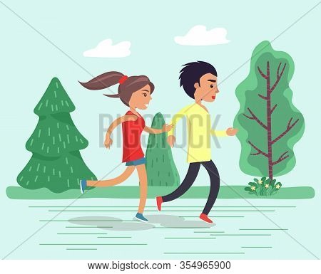 Teens Running Together In Park Or Forest. Girl And Boy Jogging, Outdoor Activity For Healthy People.