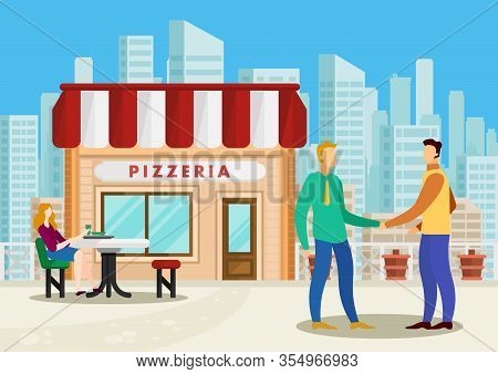 Meeting Businessmen Pizzeria On Background Of City. Vector Illustration. Business Partnership. Woman