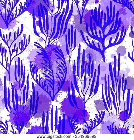 Coral Polyps Seamless Pattern. Paint Splashes Drops Watercolor Background. Aquatic Plants Repeating 