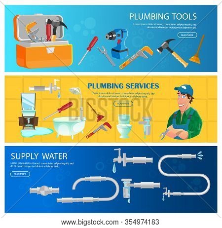 Water Supply, Plumbing Service With Tools Horizontal Banners Set. Plumber Character In Uniform With 