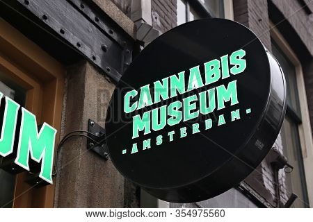 Amsterdam, Netherlands - December 6, 2018: Cannabis Museum Neon In Amsterdam. Netherlands Is Known F