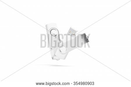 Blank White Opened And Closed Usb Stick Mockup, No Gravity, 3d Rendering. Empty Connection Micro Dri