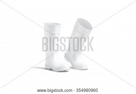 Blank White Rubber Wellington Boots Mock Up, Isolated, 3d Rendering. Empty Protective Jackboots Step