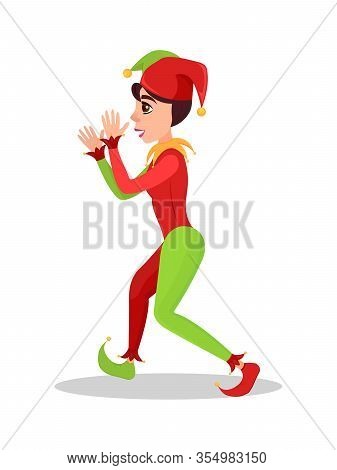 Funny Medieval Jester Cinema Cartoon Character. Comic Man Wearing Cute Red Green Suit Teased. Comedi