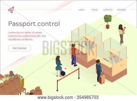 Illustration Vector Passport Control Passenger. Passport Control Desk At Airport. Men And Women Are 