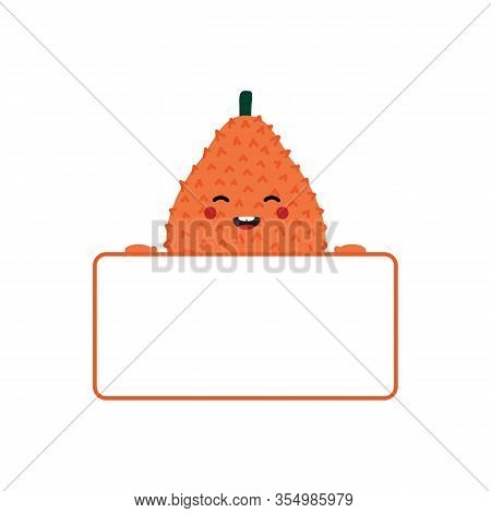 Cute Smiling Cartoon Gac Fruit Character Holding Blank, Empty Card In Hands.