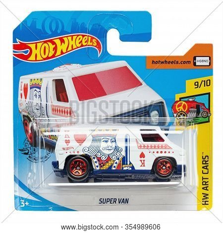 Ukraine, Kiev - March 02. 2020: Super Van Car. Hot Wheels. Kids Toys. Machines. Field With Clipping 