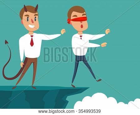 Business Man Pushing His Competitor Off The Cliff. Concept Of Competition, Sabotage And Danger Of Th