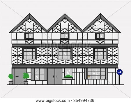 Fachwerk House Vector Flat Illustration For Web, Print Design. Simple Flat Illustration.