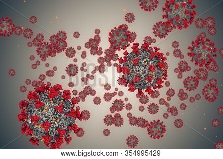 3D Rendering, Coronavirus Cells Covid-19 Influenza Flowing On Grey Gradient Background As Dangerous