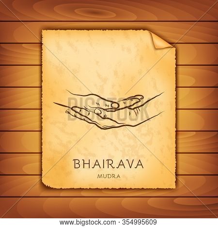 Ancient Papyrus With The Image Of Bhairava-mudra On A Wooden Background. Symbol In Buddhism Or Hindu