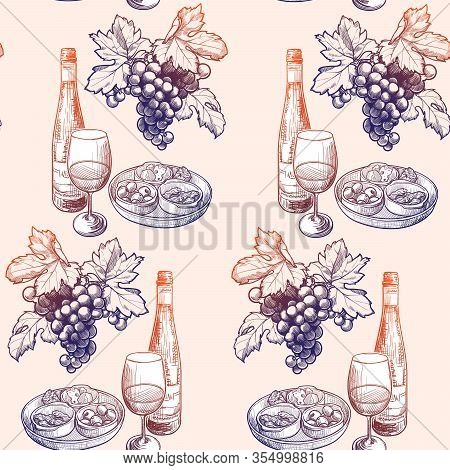 Georgian Wine Culture Seamless Pattern. Wine Bottle And Glass, Grapevine Leaves And Berries Clasters