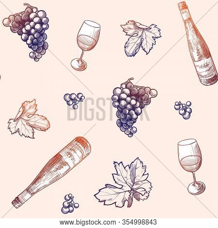 Georgian Wine Culture Seamless Pattern. Wine Bottle And Glass, Grapevine Leaves And Berries Clasters