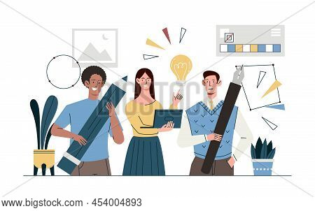 Design Community Concept. Men And Girls With Pencils Designing Interface For Website Or Application.