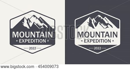 Vector Ventage Labels With Hand Drawn Mountains. 2022. Illustration For Ski Resort, Hiking, Climbing