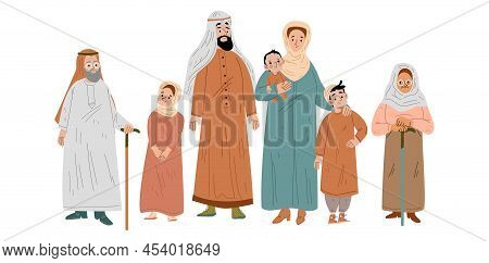Arab Family In Traditional Saudi Clothes. Muslim Parents, Grandparents And Children, Young And Old C