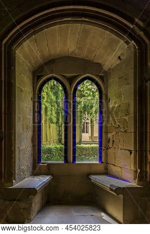 Olite, Spain - June 23, 2021: Details Of The Stone Interior Of The Gothic Palace Of The Kings Of Nav