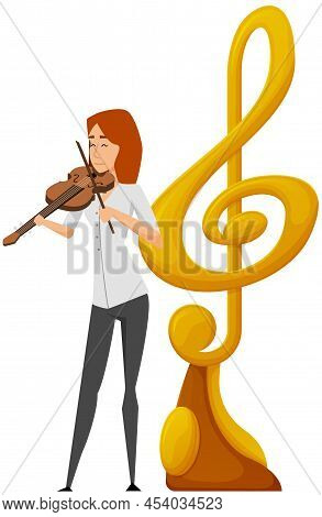 Musician Playing Violin. Girl Violinist Play Classical Musical Instrument Stands Near Big Golden Tre