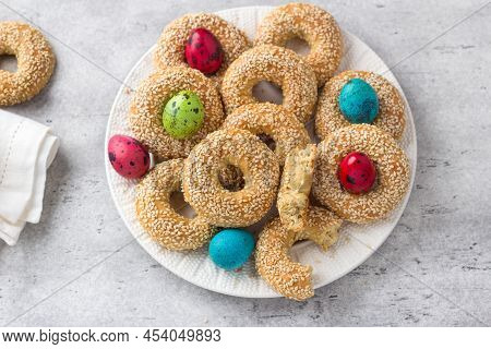 White Plate With Traditional Greek Easter Cookies Koulourakya Or Koulourya Shortbread Rings With Ses