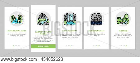 River And Lake Nature Landscape Onboarding Mobile App Page Screen Vector. River Mouth And Delta, Sea