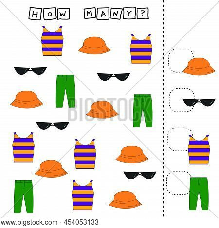 Counting Game For Preschool Children.  Count How Many Clothes: T-shirt, Singlasses, Panama, Pants