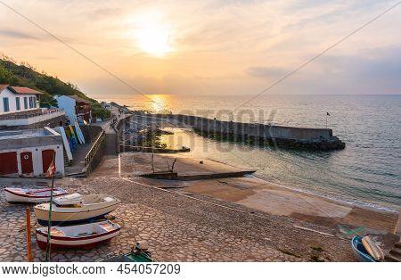Sunset At Guethary Beach In Lapurdi Province. French Basque Country, Department Of Pyrénées-atlantiq
