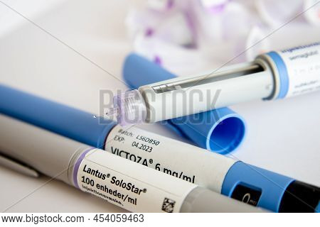 Copenhagen, Denmark - May 5, 2022: Medicine For Diabetics - Victoza, Lantus, Ozampic. Insulin Inject