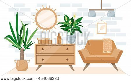Cozy Living Room Interior In Trendy Scandic Hygge Style. Modern House Or Apartment With Homeplants A