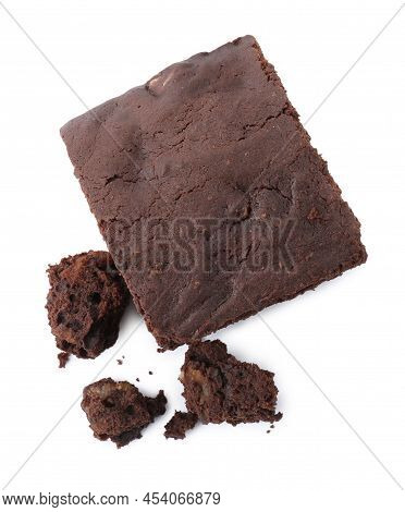 Delicious Chocolate Brownie With Nuts On White Background, Top View