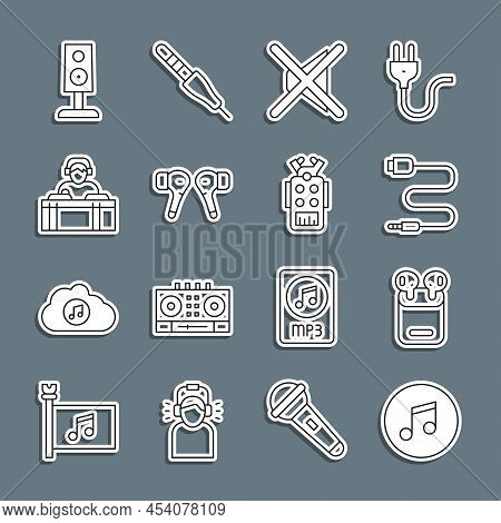 Set Line Music Note, Tone, Air Headphones In Box, Audio Jack, Speaker Mute, Dj Playing Music, Stereo