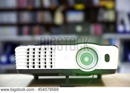 Close-up Computer Projector On Table Boardroom Or Meeting Room Technology Equipment Of Visual Or Vis