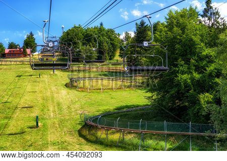 Oscadnica, Slovakia - July 29, 2021: Ski Lift Chair  In Resort Oscadnica