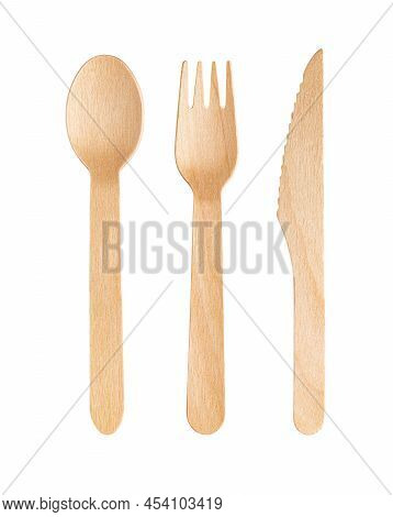 Disposable Wooden Cutlery On A White Background. Environmentally Friendly Materials.