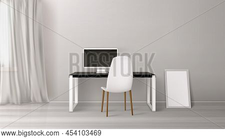 Room Interior, Workplace With Desk, Seat And Computer On Table. Empty Office Or Home Inner Design In