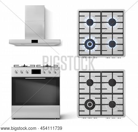 Gas Stove With Oven And Cooker Hood In Front View Isolated On White Background. Vector Realistic Set