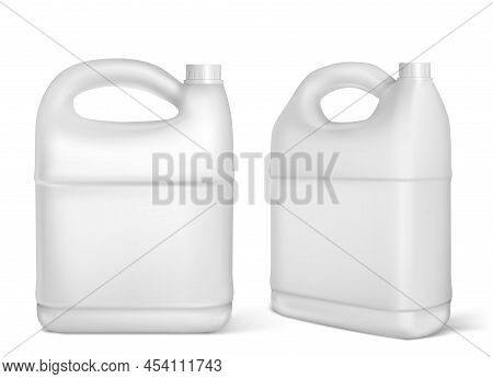 Plastic Canisters, White Jerrycan Bottles Isolated On White Background. Engine Oil, Car Lubricant Or