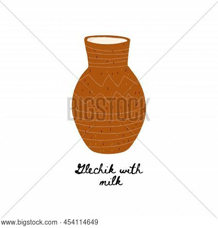 Illustration Ukrainian Jug Clay Glechik With Milk Isolated On A White Background