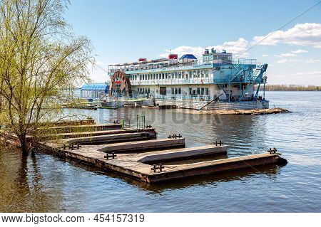 Samara, Russia - May 3, 2022: Floating Restaurant Scryabin On The Volga River In Spring Sunny Day