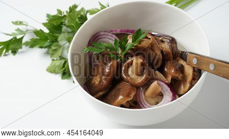 Salted Mushrooms, Lactarius Resimus, Autumn Harvest. Homemade Pickled Mushrooms, Marinated Red Onion