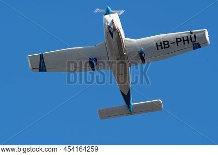 Saint Gallen, Altenrhein, Switzerland, February 9, 2022 Piper Pa 28-181 Aircraft Is Departing From R