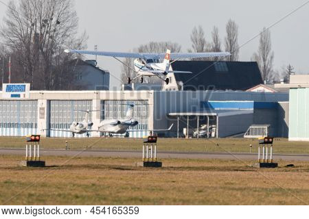Saint Gallen, Altenrhein, Switzerland, February 12, 2022 Cessna 172 Propeller Plane Is Departing Fro