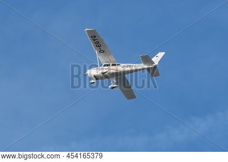 Saint Gallen, Altenrhein, Switzerland, February 12, 2022 Cessna 182 Propeller Plane Just After Take 