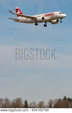 Zurich, Switzerland, February 24, 2022 Swiss International Airlines Bombardier Cs-100 Or A220-100 Fi