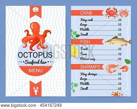 Octopus Seafood Restaurant Bar Menu Card With Crab Fish Shrimps Dishes Flat Advertisement Poster Vec