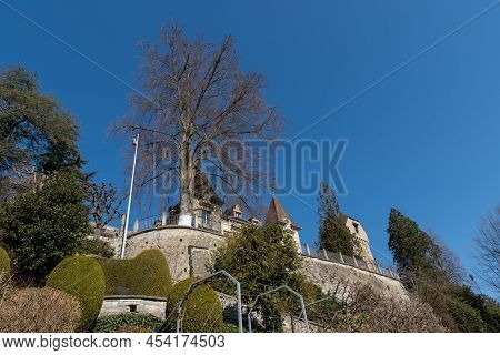 Lucerne, Switzerland, March 10, 2022 Historic Old Musegg Wall And Tower In The City Center